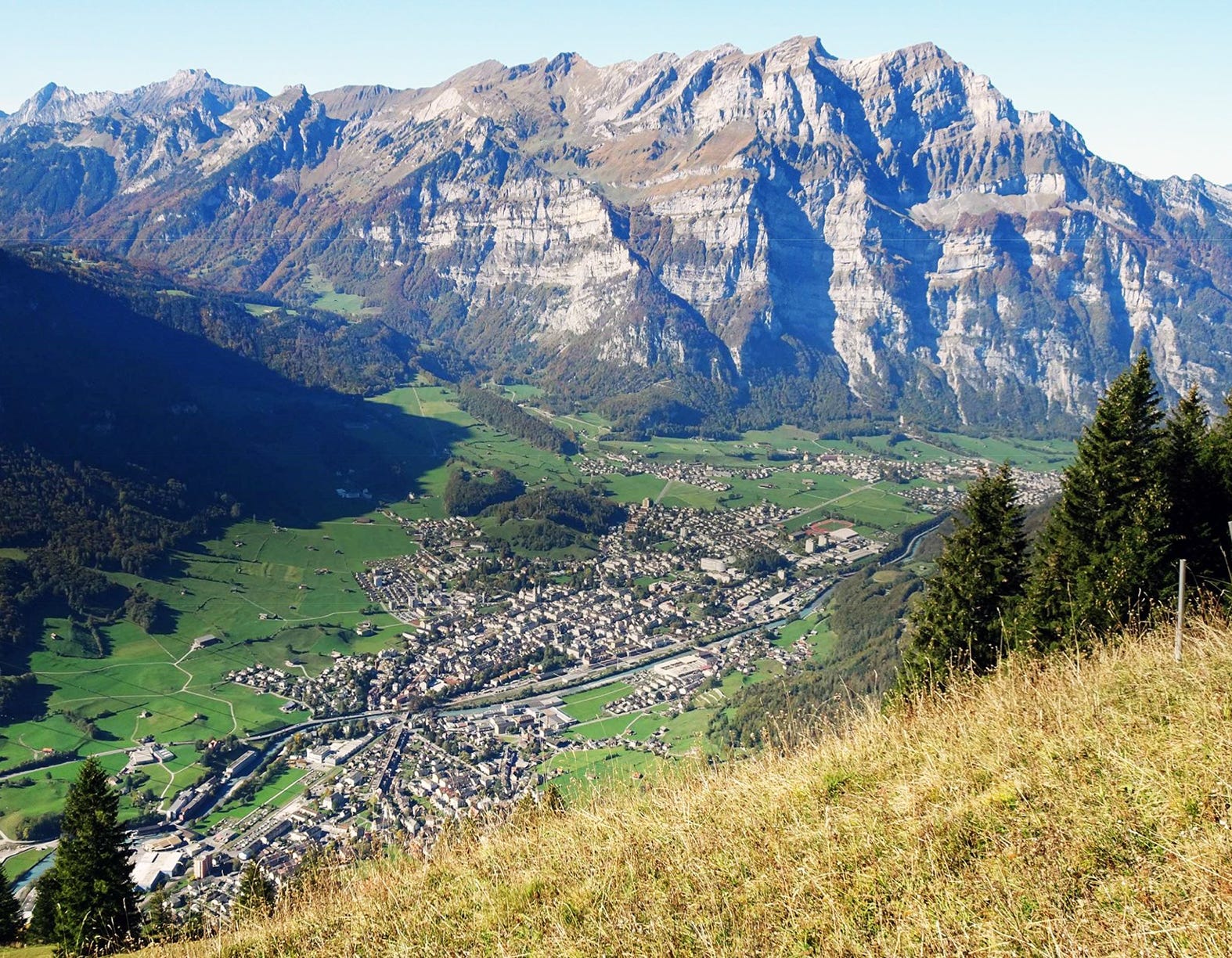 Blick auf Glarus: In der Bildmitte die grüne Fläche mit dem Weidmann-Areal.